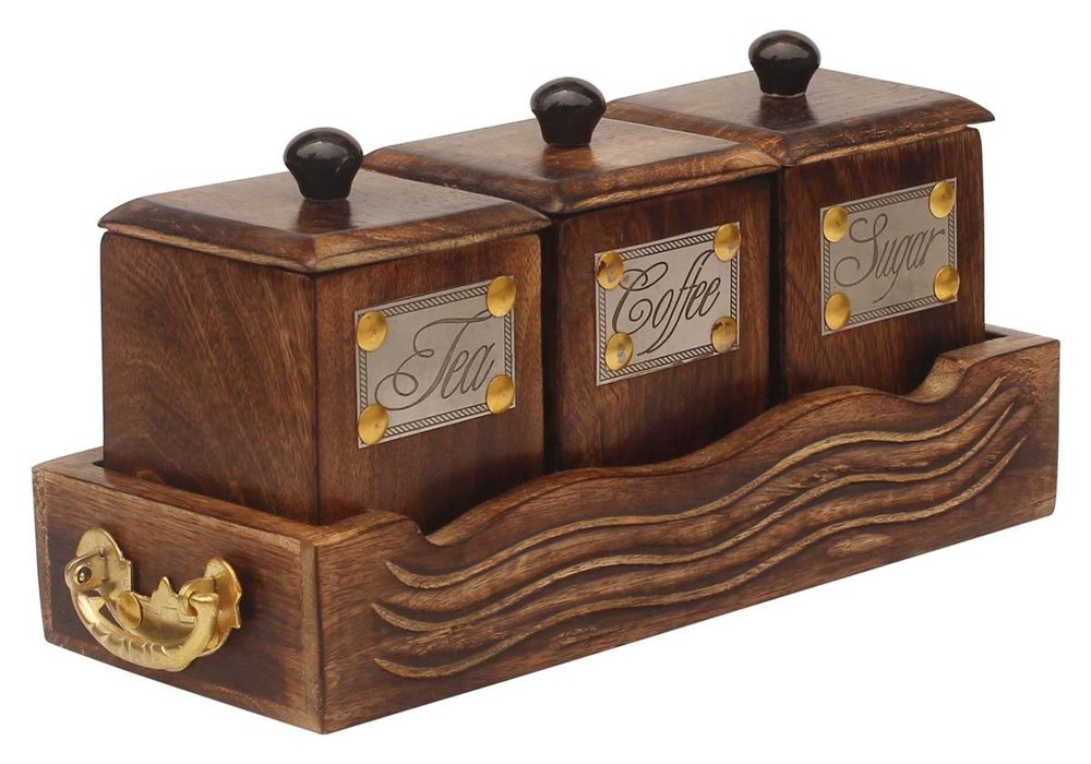Handicraft junction Brown Tea coffee sugar box wih tray, For Home Office, Size: 30.5 X 12.7 X 17.8 Centimeters