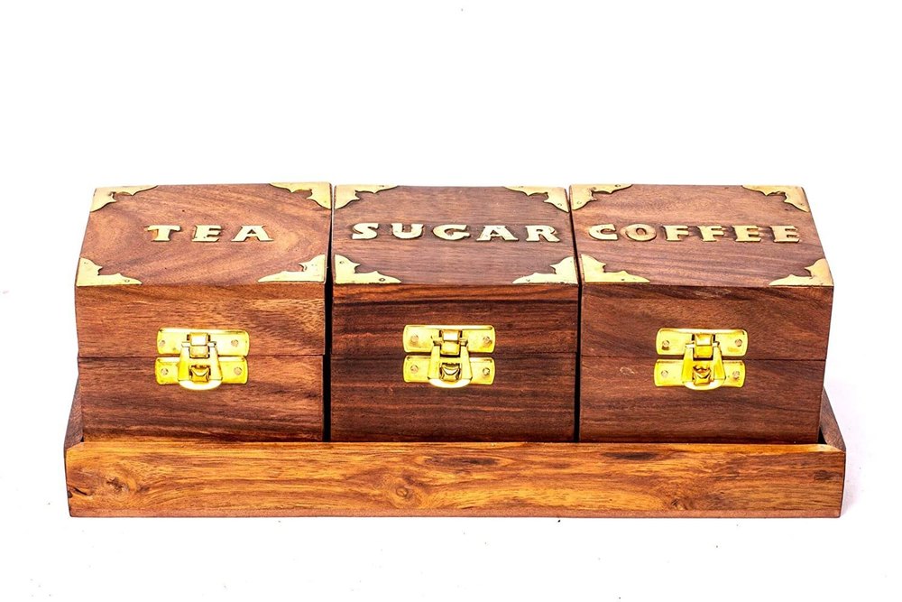 Sankalan Creations Wooden Antique Style Tea Sugar Coffee Box Container with Tray