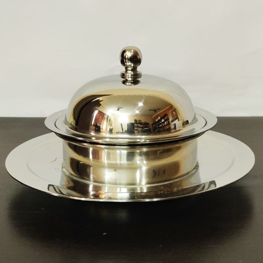 Silver Stainless Steel Butter Dish, Round