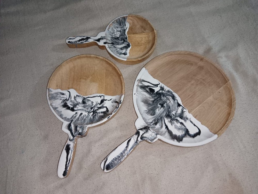 Custom made wooden serving platters and wooden serving trays with marble designs