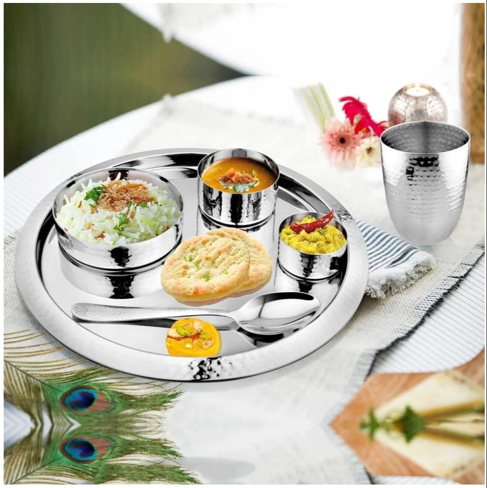 Silver Round Stainless Steel Thali Set, Size: 12