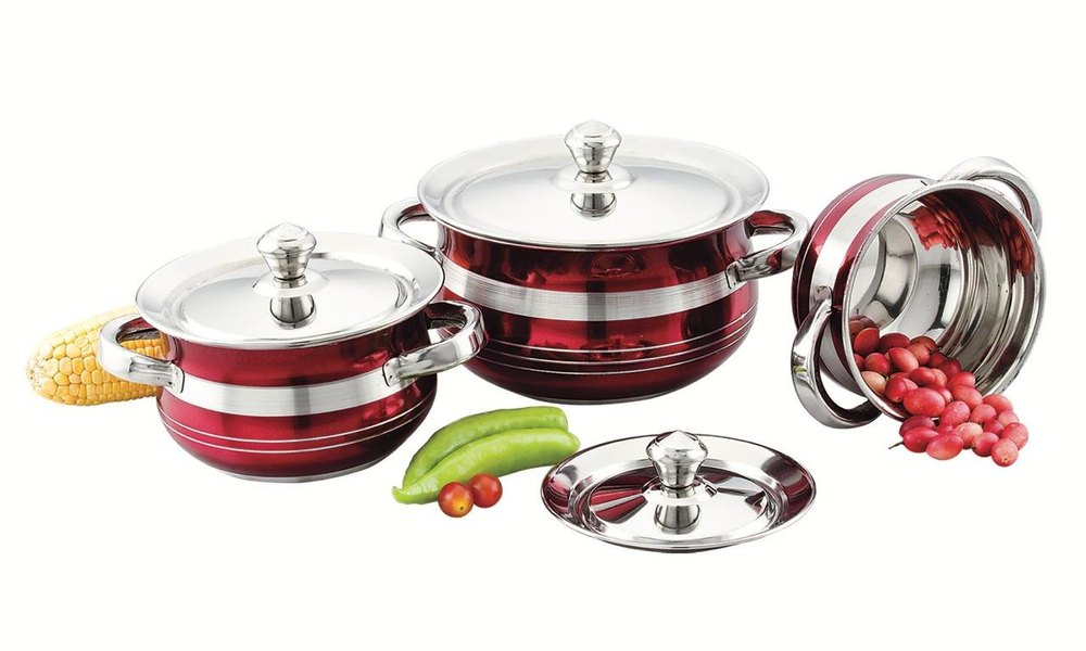 3 Pieces Round SS Colour Hot Pot, For Hotel/Restaurant
