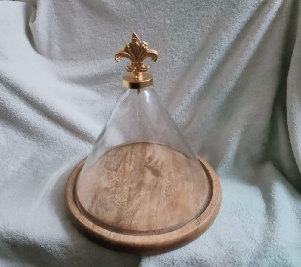 Unity glass & wax glass triangle cake cover with wooden tray and golden knob