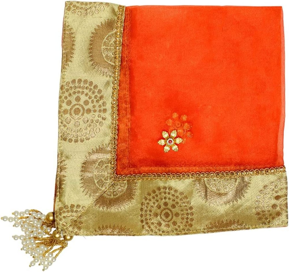 Orange an Golden Silk and Net Aditri Creation Pooja Thali Cover, Dimension: 18x18inch