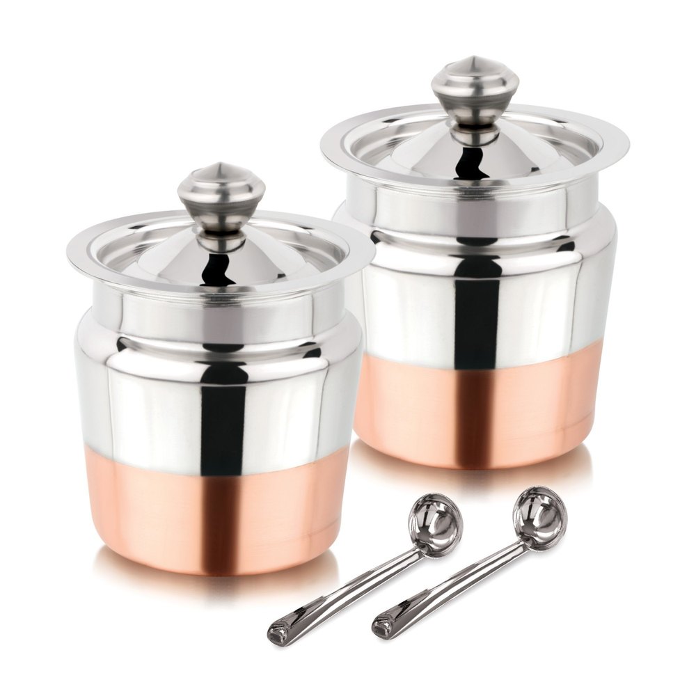 Plain Slim Copper Ghee Pot Spoons Set, For Home, Capacity: 300ml And 200ml
