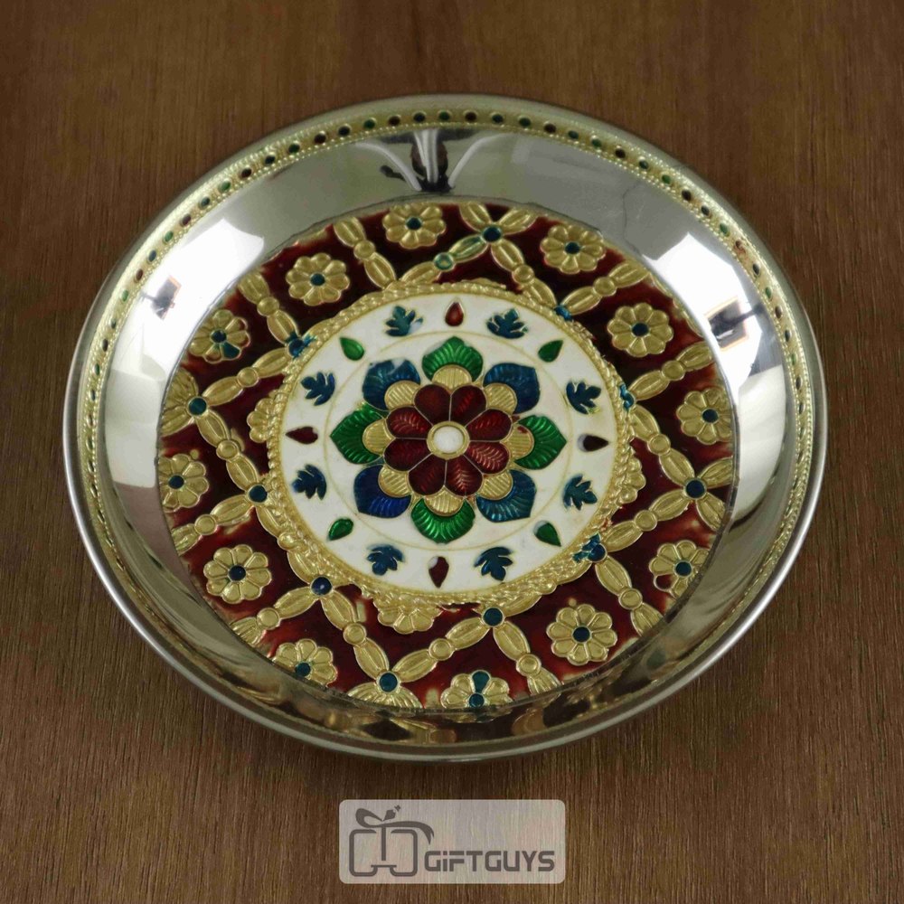Silver Stainless Steel Meenakari Worked Plate, Dimension: 6.25 Inch Diameter