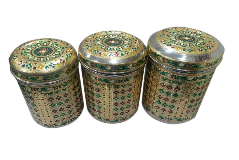 Steel Golden Meenakari Kitchen Jars