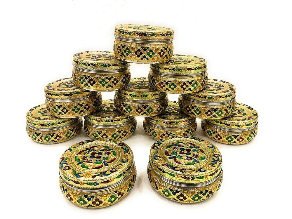 Golden Meenakari Round Roti/Ladu Container, For Home