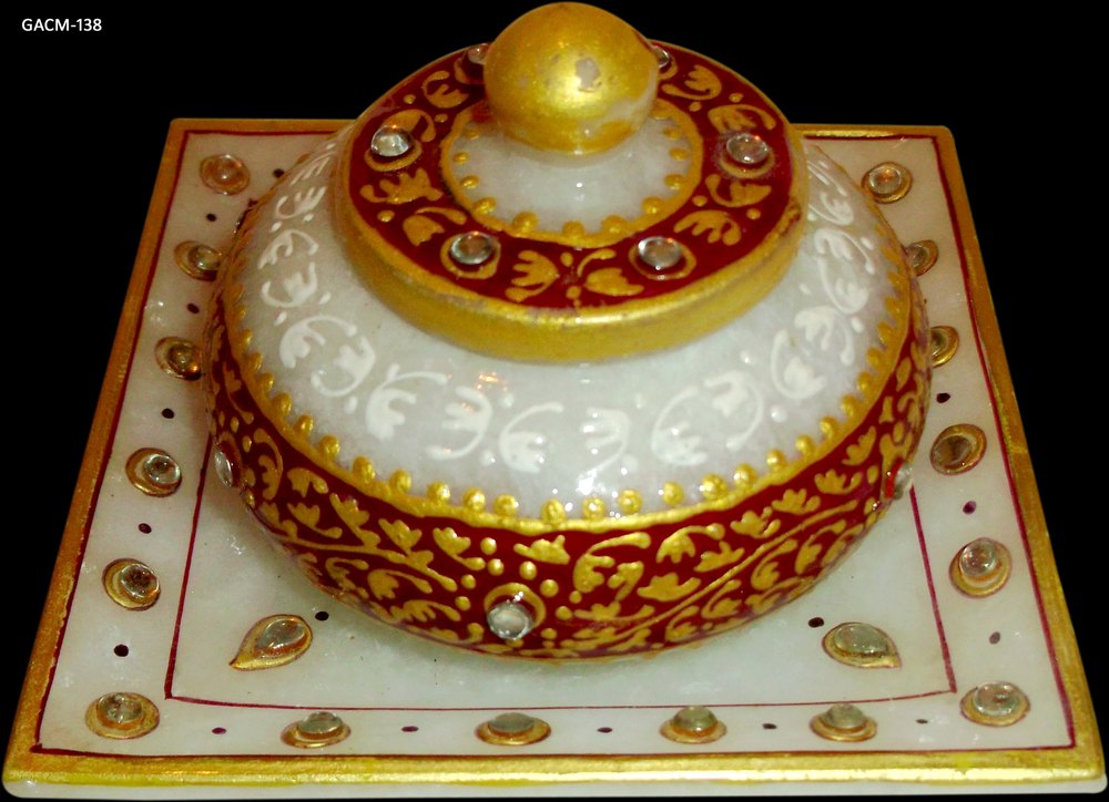 White, Golden and Maroon Marble Meenakari Bowl With Plate