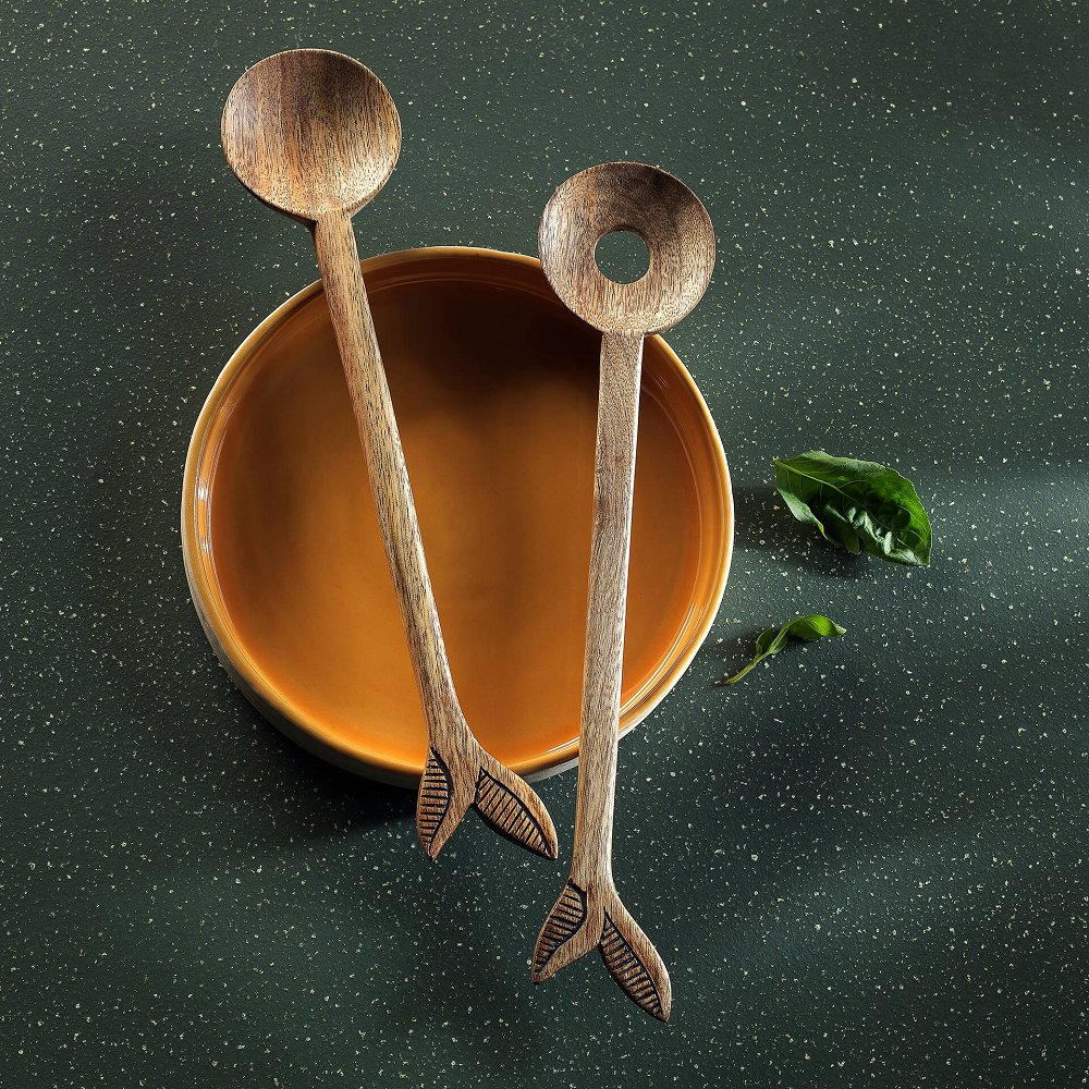 Wooden Brown Mango Salad Spoon Set Natural, For Home