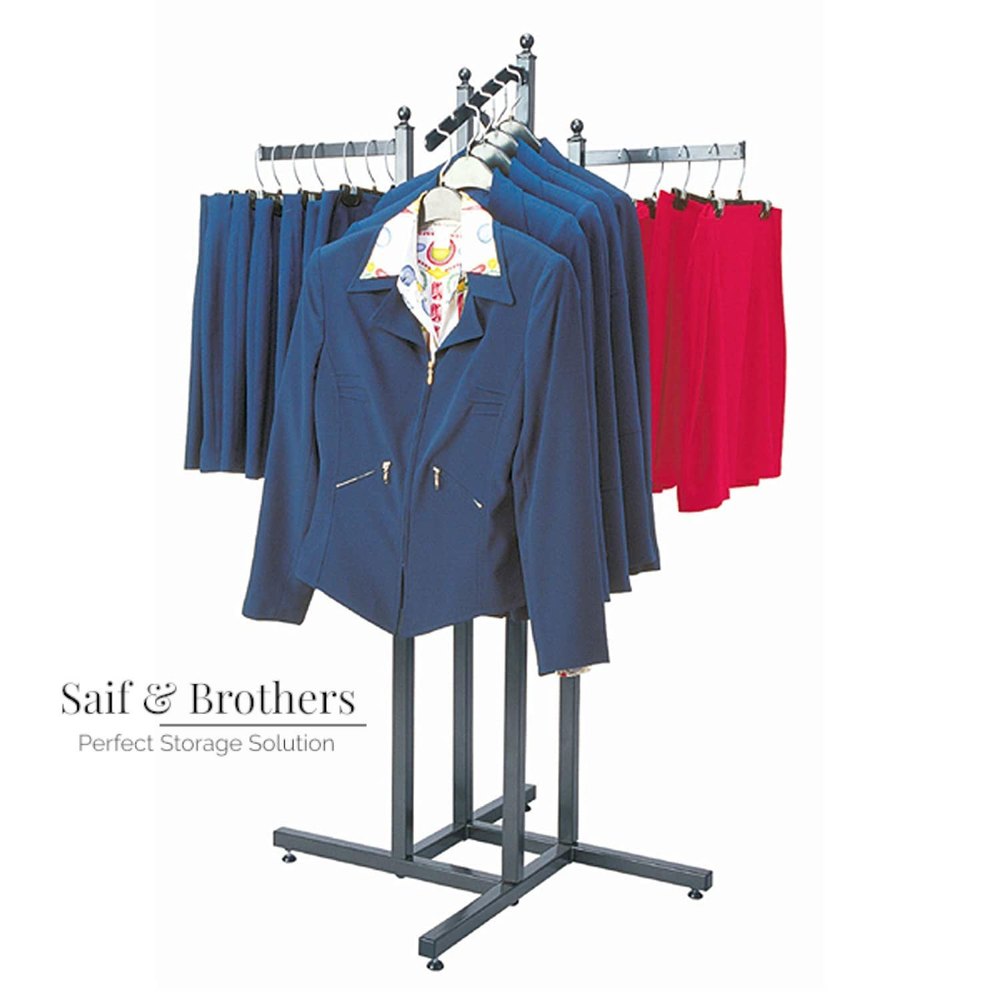 Black Mild Steel Four Way Garment Display Rack, For Showroom