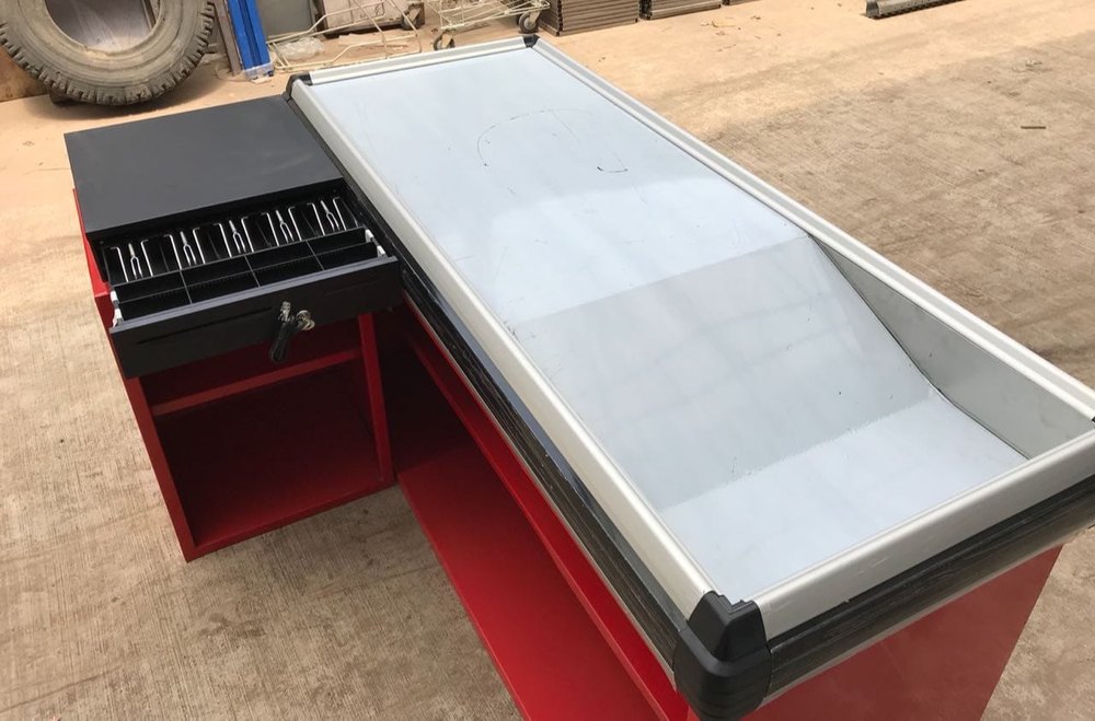 SS + Wooden Silver + Red + Black Supermarket Cash Counter, 3 X4 Ft