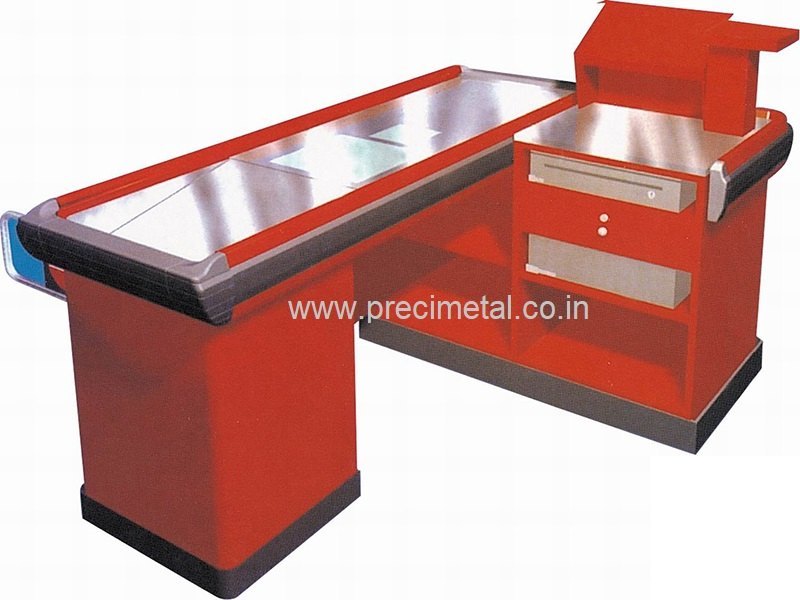 Red Curved Supermarket Cashier Counter/Cashier Desk/Checkout Counter, For Retail Store