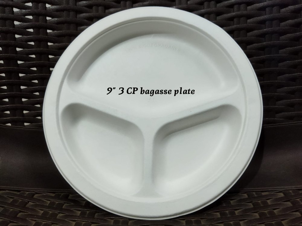 Sugarcane Bagasse 3 Compartment Plate For Restaurant, Size: 9