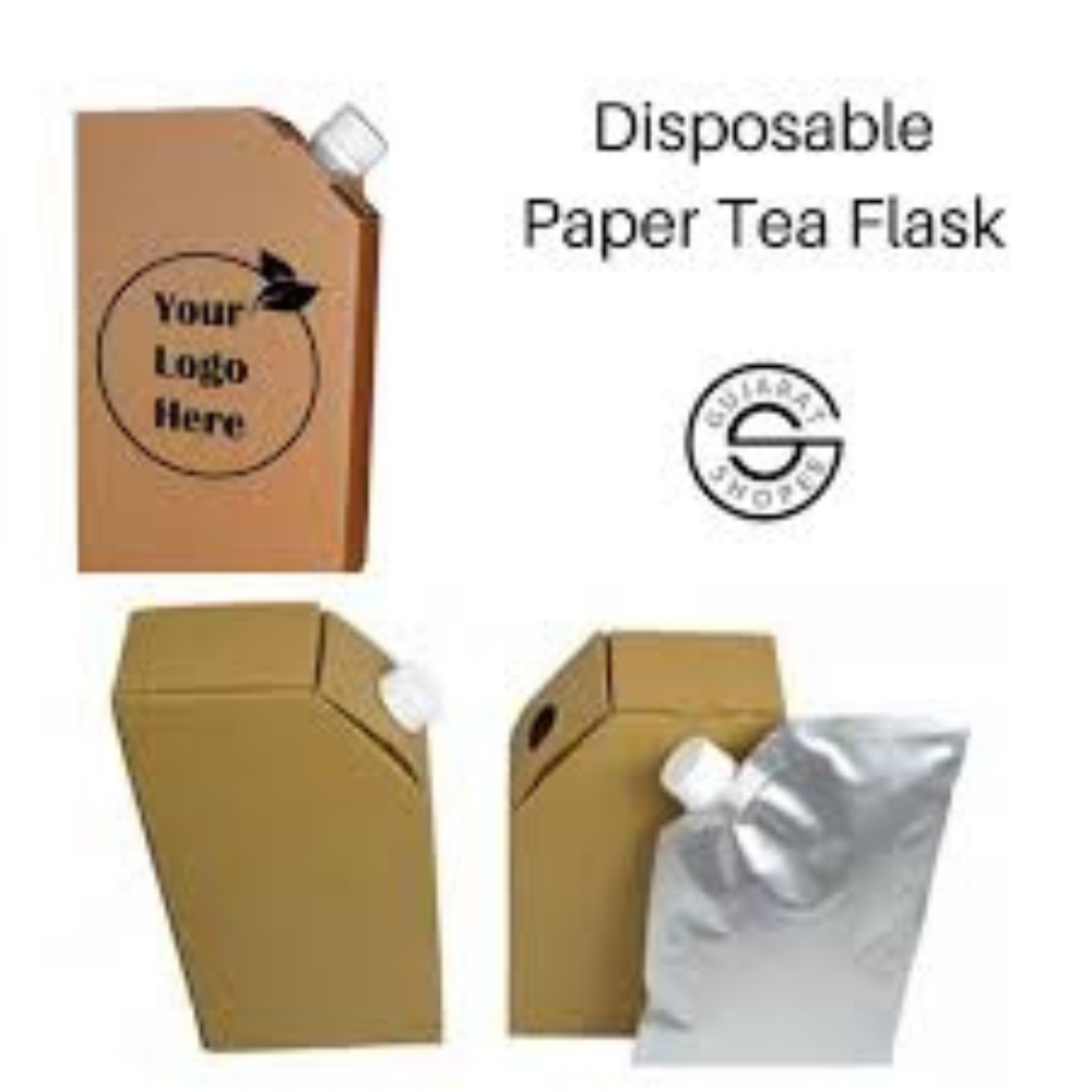Brown Paper Disposable Tea Flask Box With 750 ml Spout Pouch