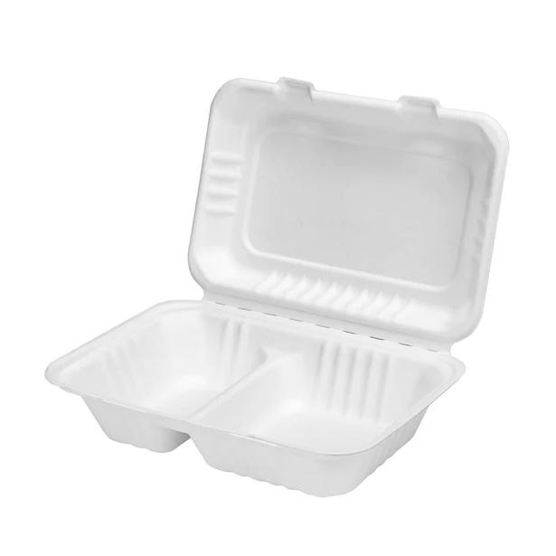 Paper Bagasse White 9 x 6 Inch Two Compartment Disposable Lunch Box