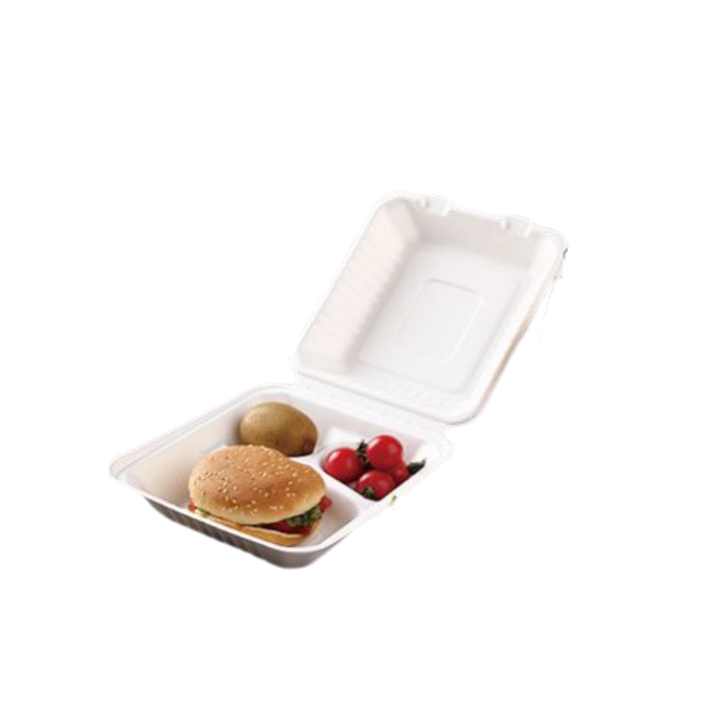 Disposable Biodegradable Sugarcane Bagasse 9x9 3CP Inch Food Container Box