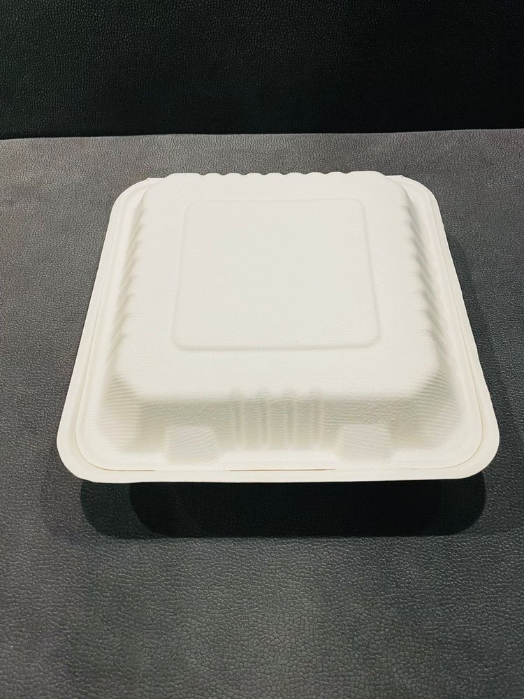 White Sugarcane Bagasse 8 inch Biodegradable Clam Shell Box, For Take Away