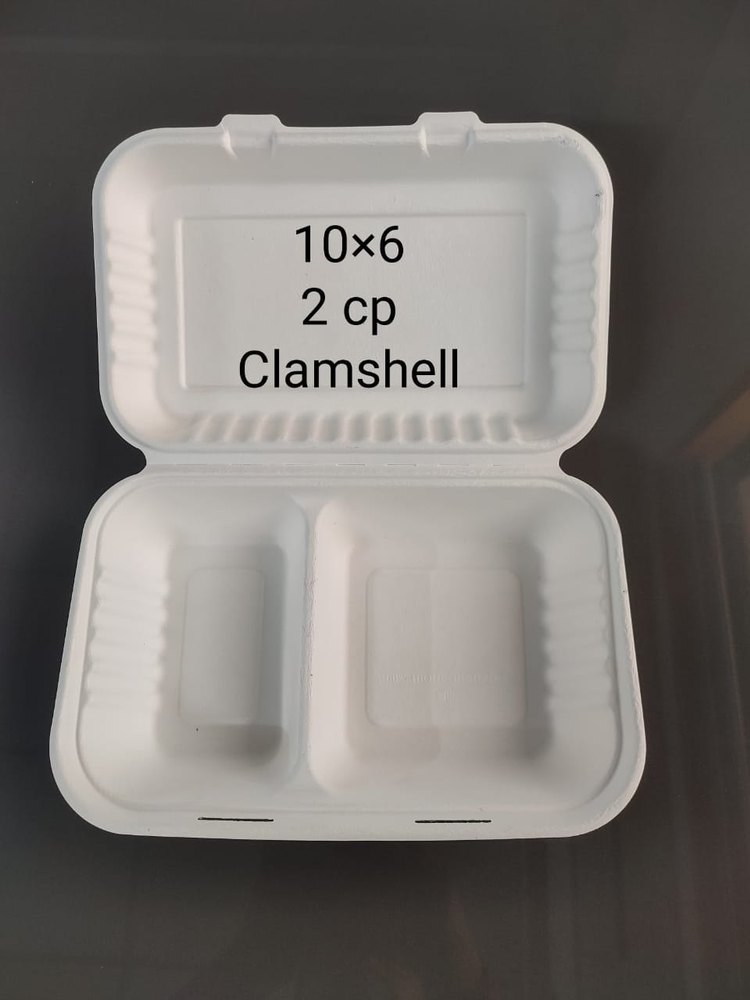10 x 6 2CP Clamshell Sugarcane Baggase Bleached Biodegradable Disposable Plate