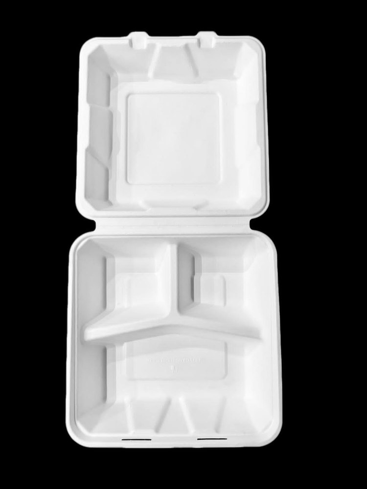 Biourpack White Sugarcane Bagasse Clamshell, For Burger, Biryani Or Meal Packing
