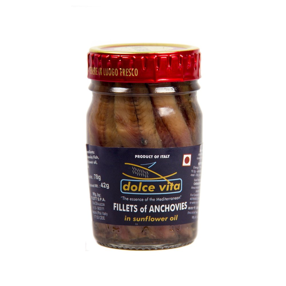 Dolce Vita Fillets Of Anchovies In Sunflower Oil, 78 Gm, Packaging Type: Glass Bottle