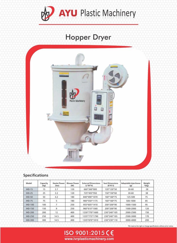AYU 200 Degree C Three Phase Hopper Dryer, Capacity: 25 kg