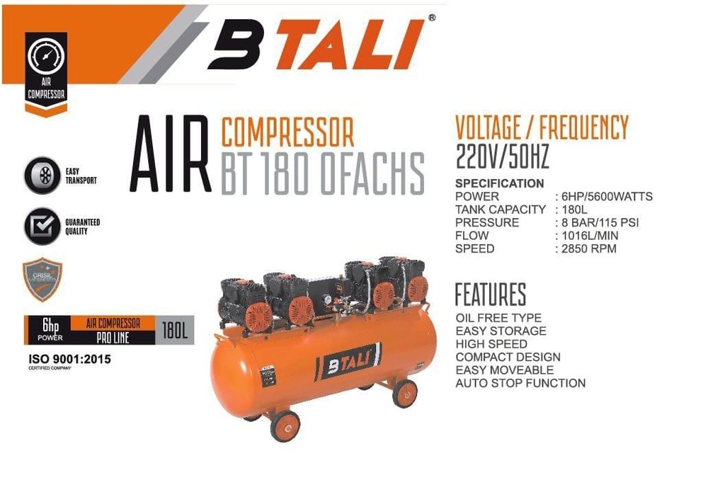 5 HP Btali Oil Free Air Compressor 6hp 180 Ltr