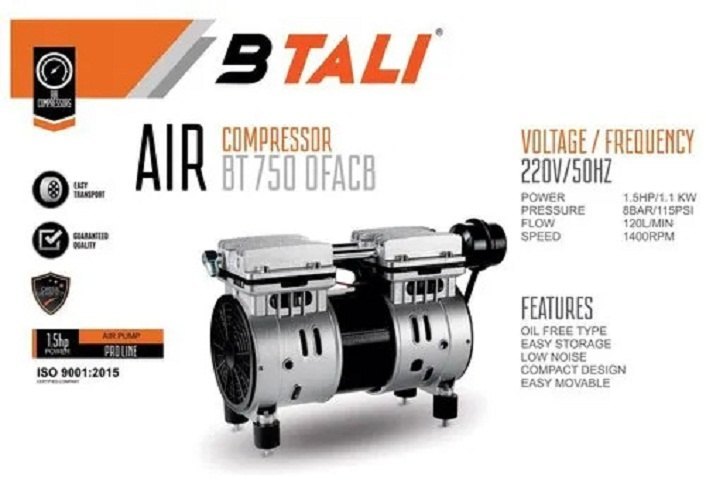 AC Single Phase BTALI 1.5 HP Oil Free Compressor Head 750