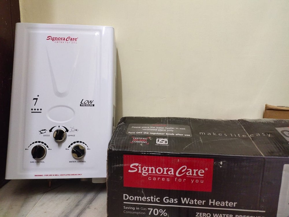 Capacity(Litre): 7 Litre SIGNORA CARE INSTANT DOMESTIC GAS WATER HEATER, White