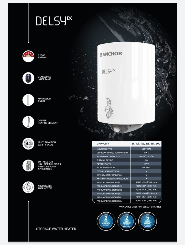 Capacity: 10 L Electric Storage Water Heater, White, Model Name/Number: Delsy