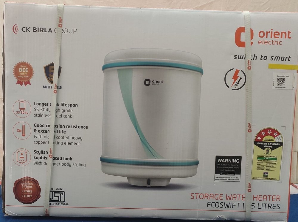 Storage Capacity: 25 L Orient Gyeser, White, Model Name/Number: Eco Swift
