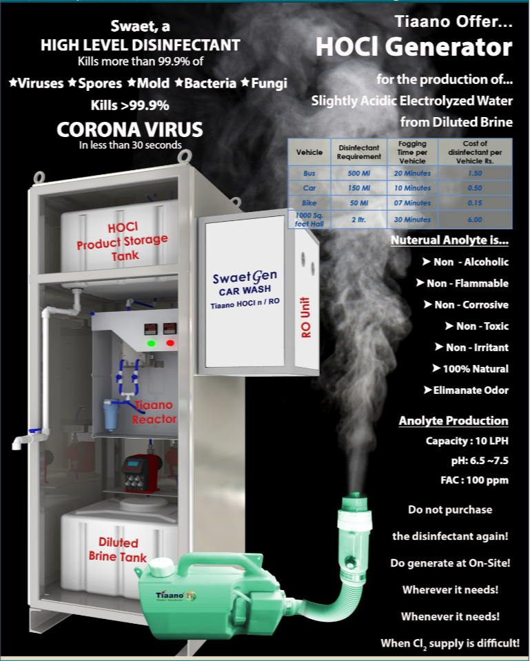 Tiaano HOCL Generator With Cold Fogging Machine For Hospitals, For Hospital/clinic